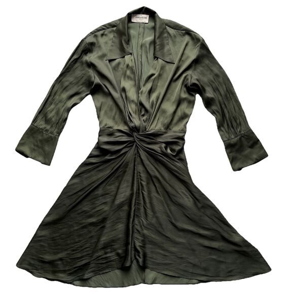 ZADIG & VOLTAIRE Rozo Satin Dress Draped Waist Deep Neckline 3/4 Sleeves Size XS - Picture 2 of 16